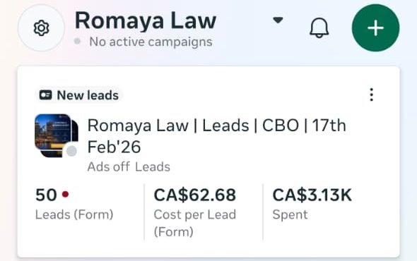 Romaya Law ad account: 50 leads, cost per lead CA$62.68, CA$3.13K spent