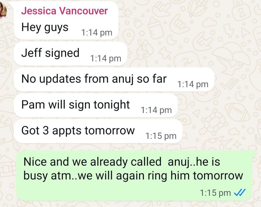 Client message: Jeff signed, Pam will sign tonight, 3 appointments tomorrow